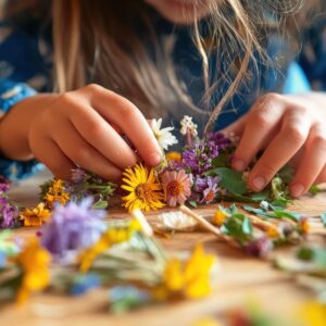 Petite fille qui créée un tableau avec des fleurs fraichement cueillis durant une rando
