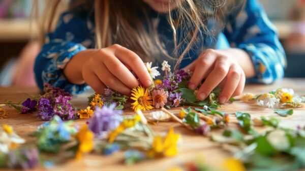 Petite fille qui créée un tableau avec des fleurs fraichement cueillis durant une rando